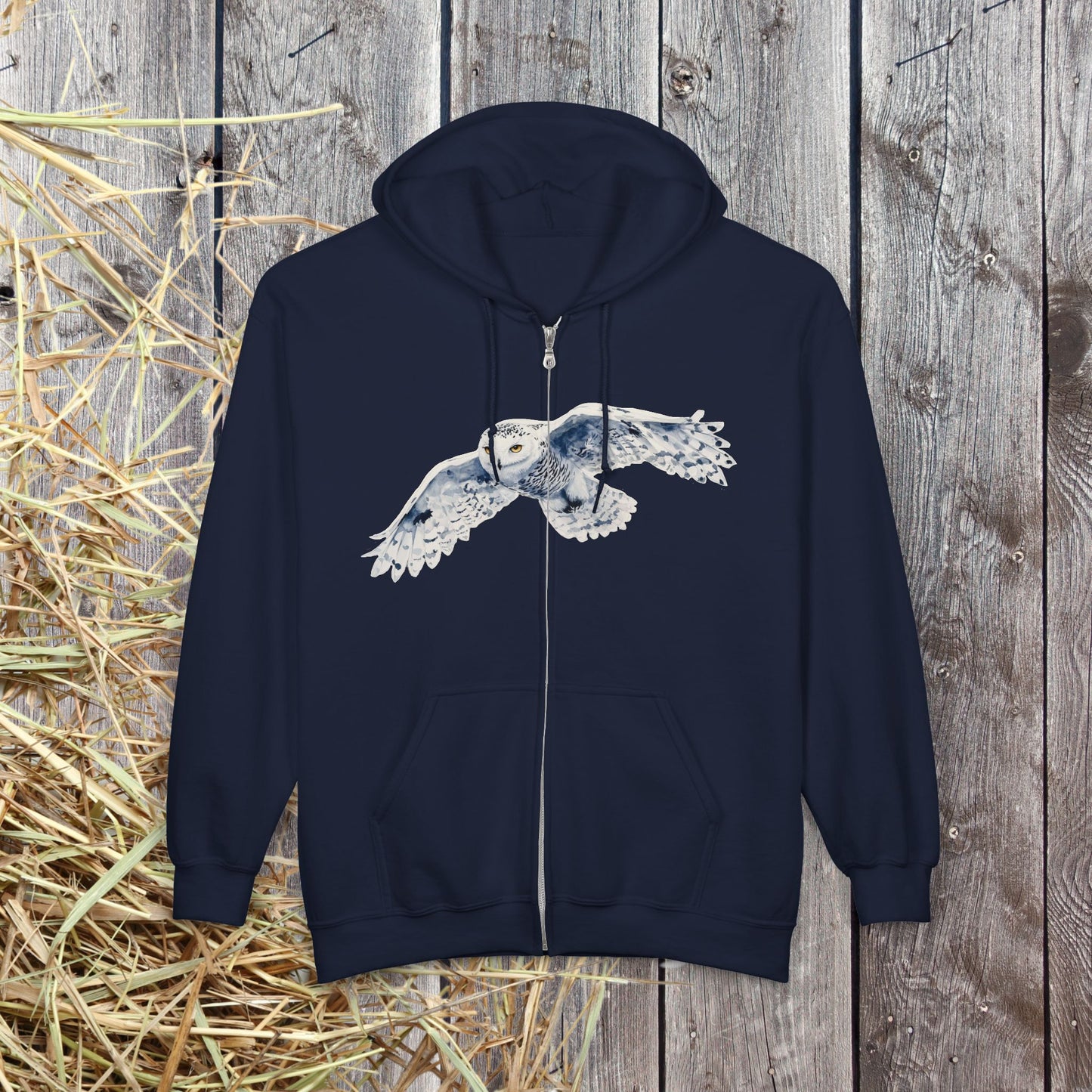Snowy White Owl Watercolor Full Zip Hoodie — Flying Owl Nature Conservation