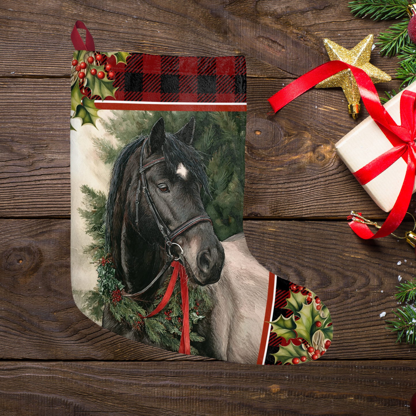 Christmas Stockings, Black Roan Horse Equestrian Gift Holiday Decor, Large Fleece Stocking