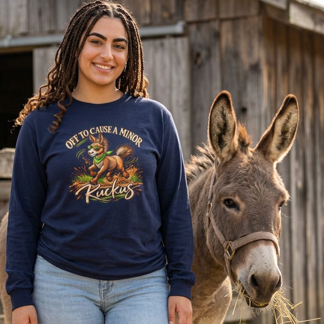 Funny Donkey Long Sleeve Shirt – Off to Cause a Minor Ruckus Comfort Colors Tee