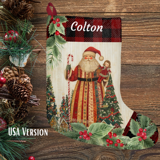 Folk Art Santa Christmas Stocking  Art, Father Christmas Decor