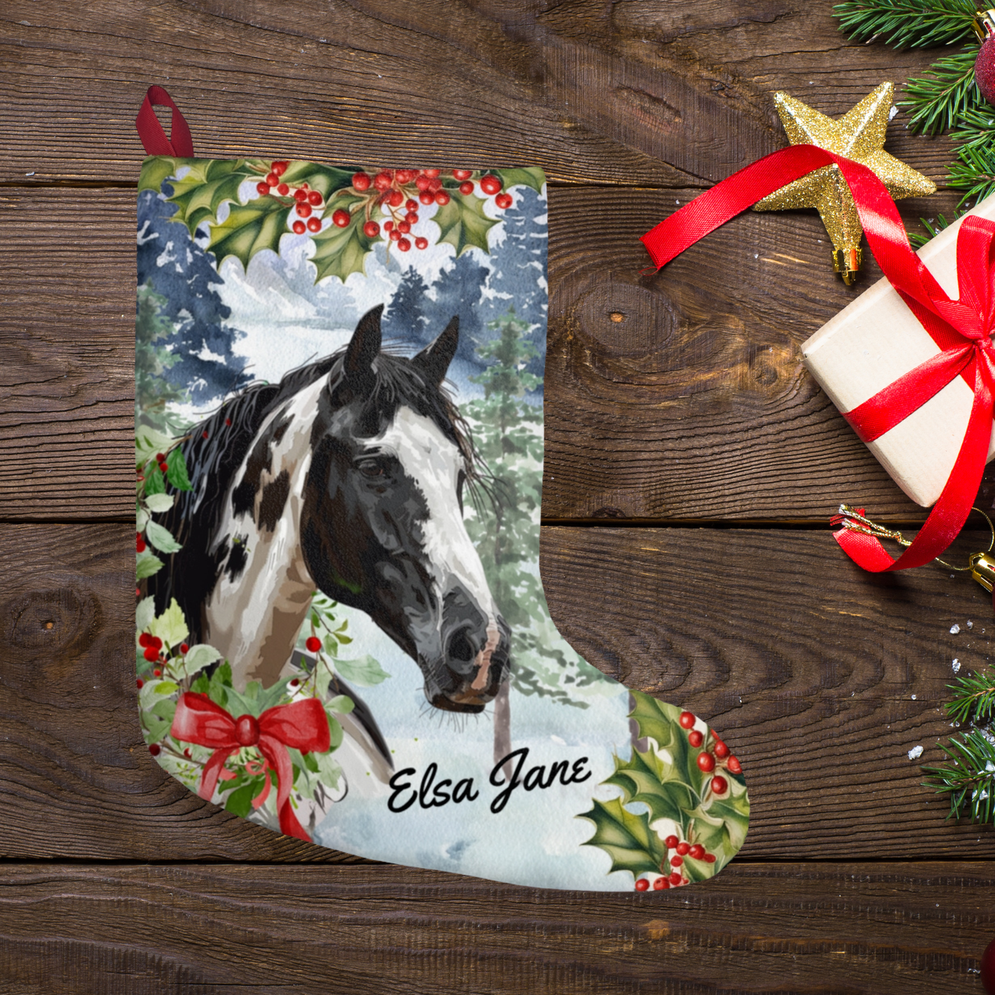 Paint Horse Christmas Stocking,  Black & White Horse