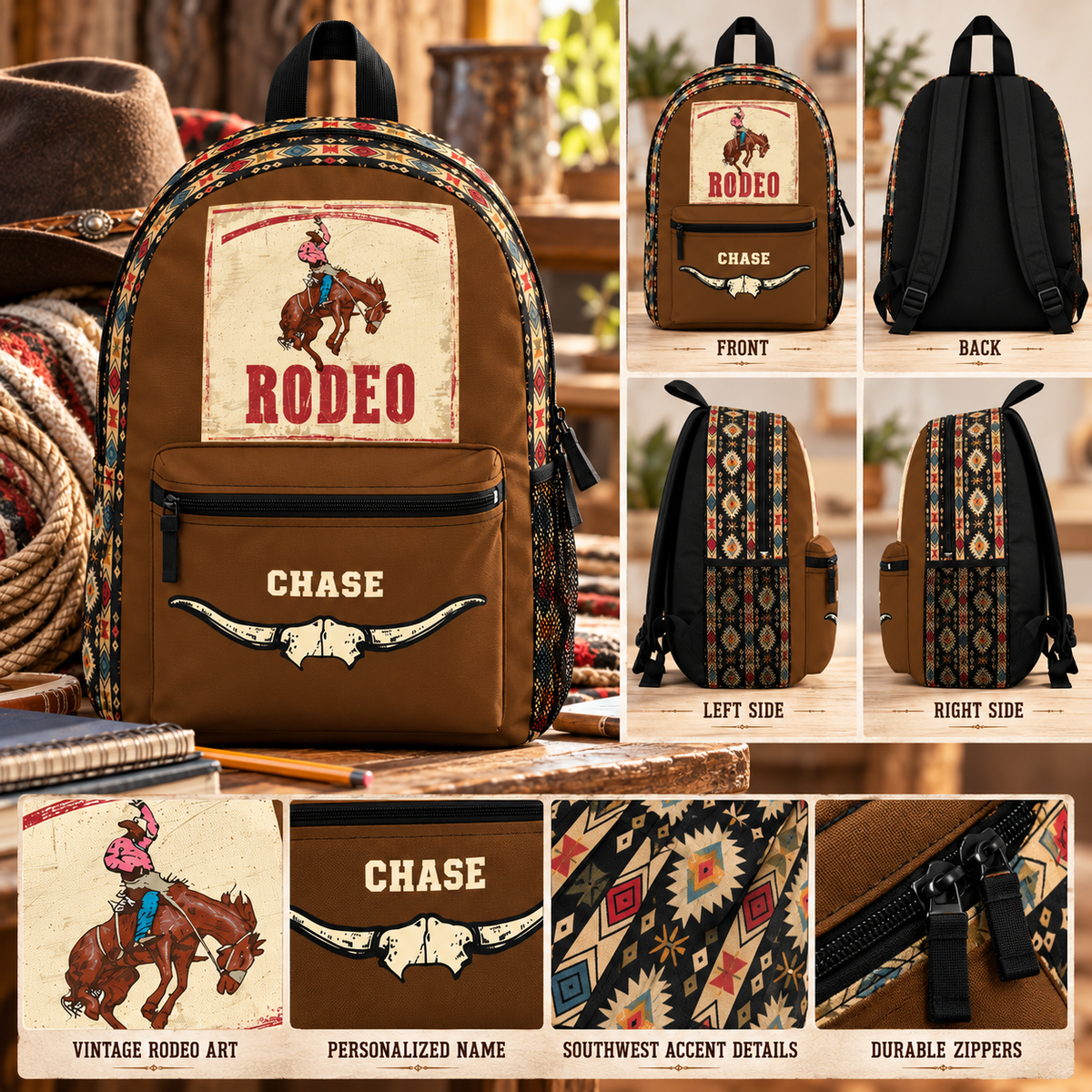 Personalized Rodeo Horse Backpack with Aztec Pattern
