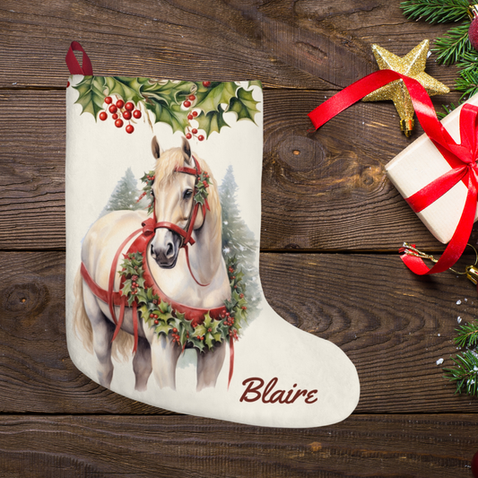 Christmas White Draft Horse Stocking, Holiday Art Decor