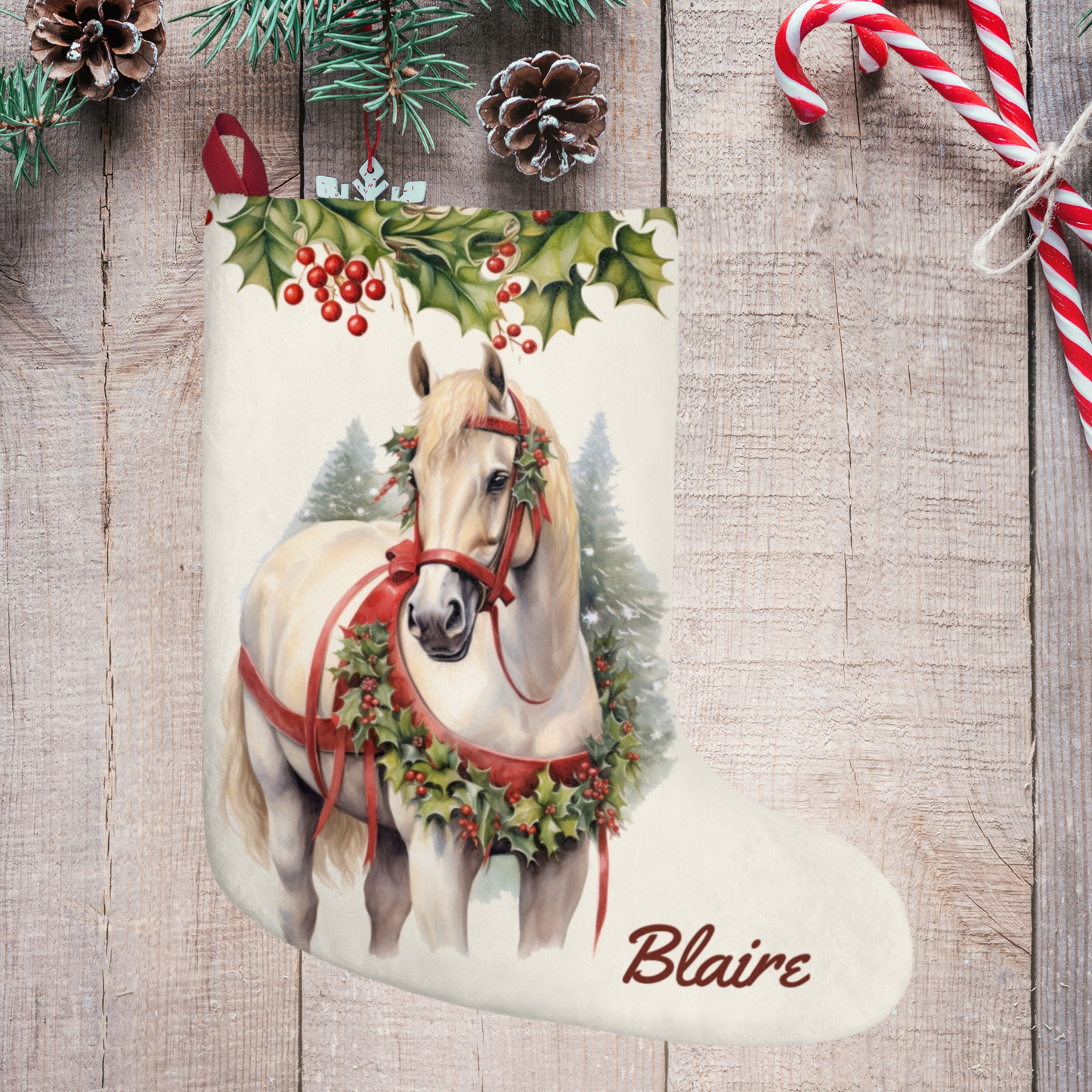 Christmas White Draft Horse Stocking, Holiday Art Decor