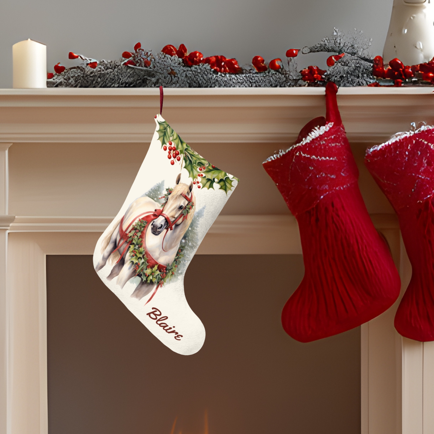 Christmas White Draft Horse Stocking, Holiday Art Decor