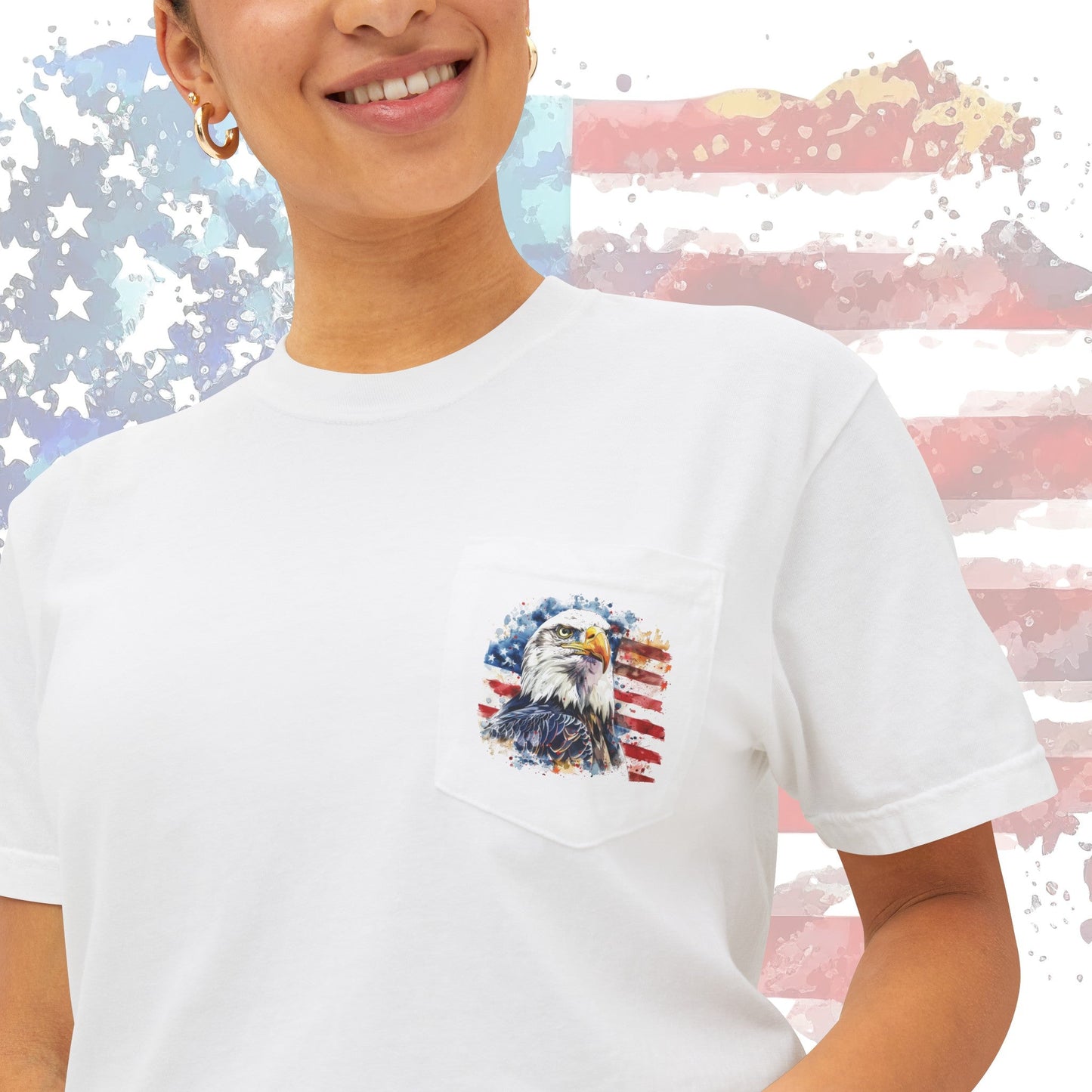 America Flag Pocket T-shirt, Patriotic 4th Of July Eagle Flag Comfort Colors Shirt, Minimalist - FlooredByArt