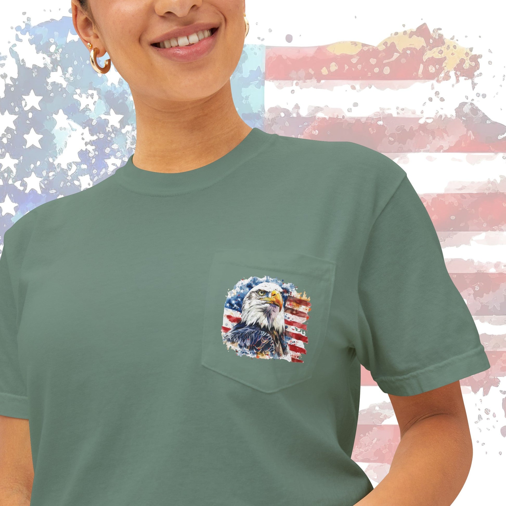 America Flag Pocket T-shirt, Patriotic 4th Of July Eagle Flag Comfort Colors Shirt, Minimalist - FlooredByArt