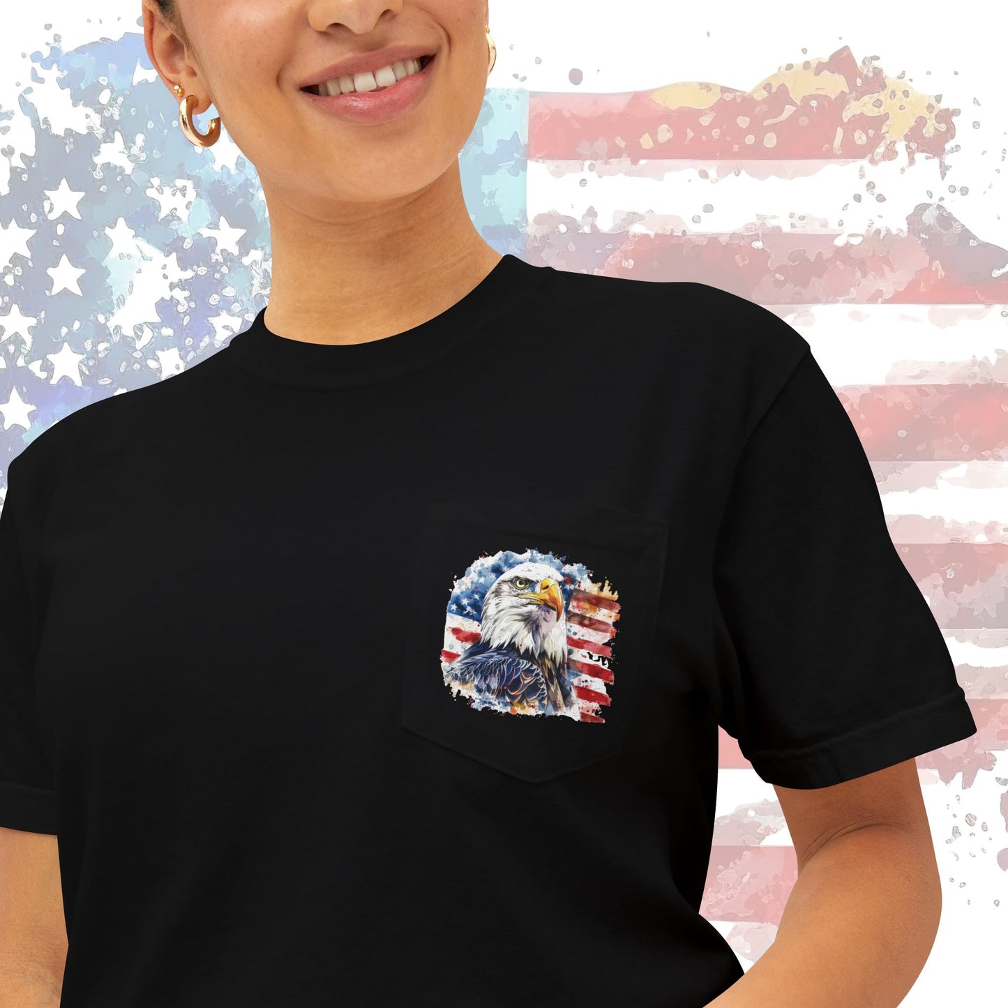 America Flag Pocket T-shirt, Patriotic 4th Of July Eagle Flag Comfort Colors Shirt, Minimalist - FlooredByArt