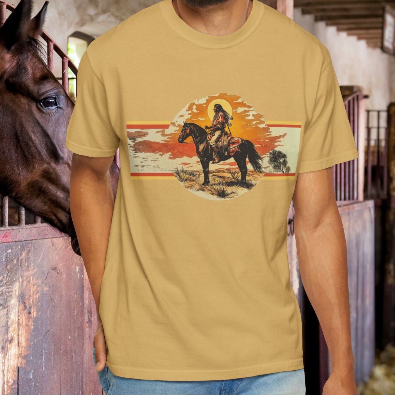American Indian Spirit Shirt, Western American Heritage T-shirt, Natural Cotton & Dyes - FlooredByArt