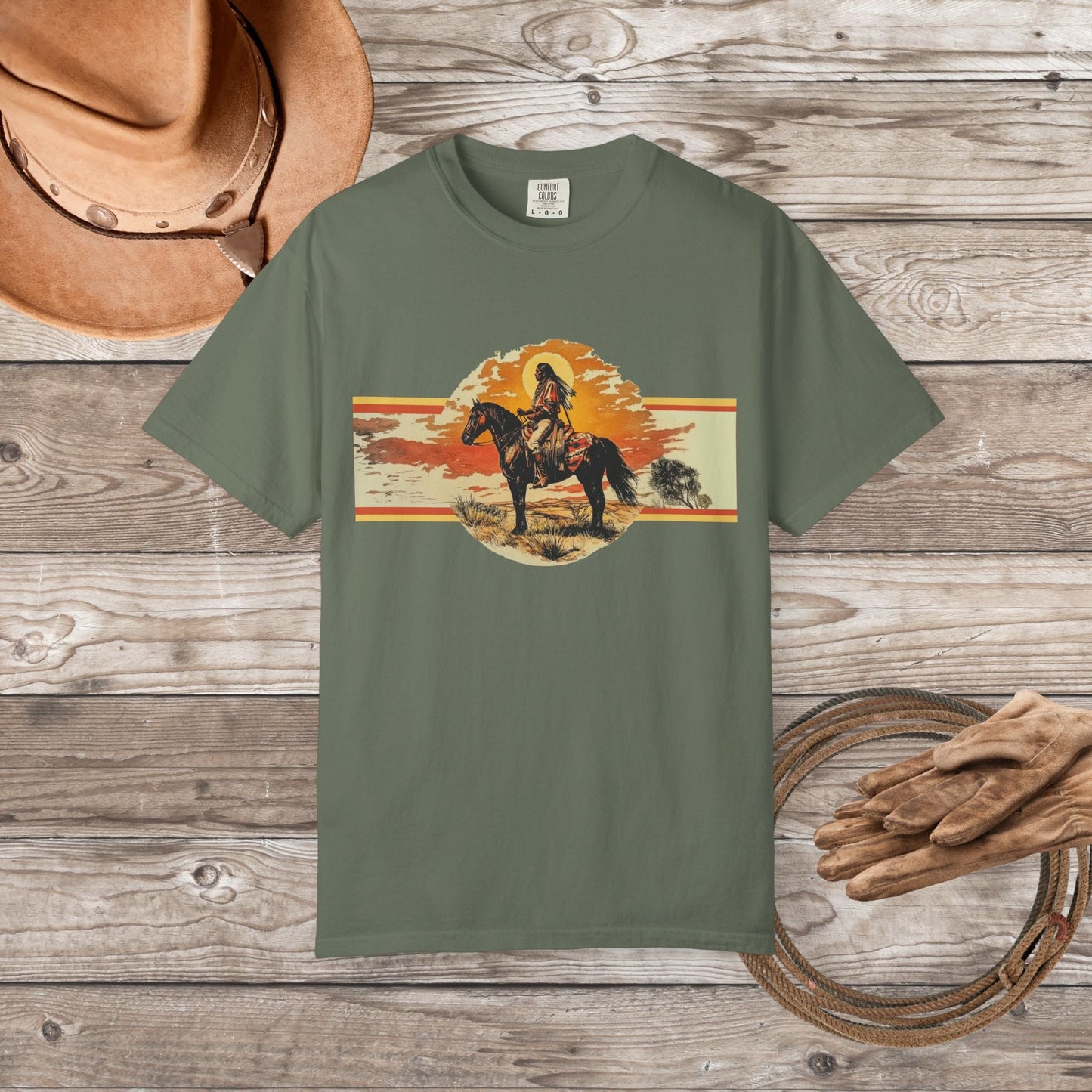 American Indian Spirit Shirt, Western American Heritage T-shirt, Natural Cotton & Dyes - FlooredByArt