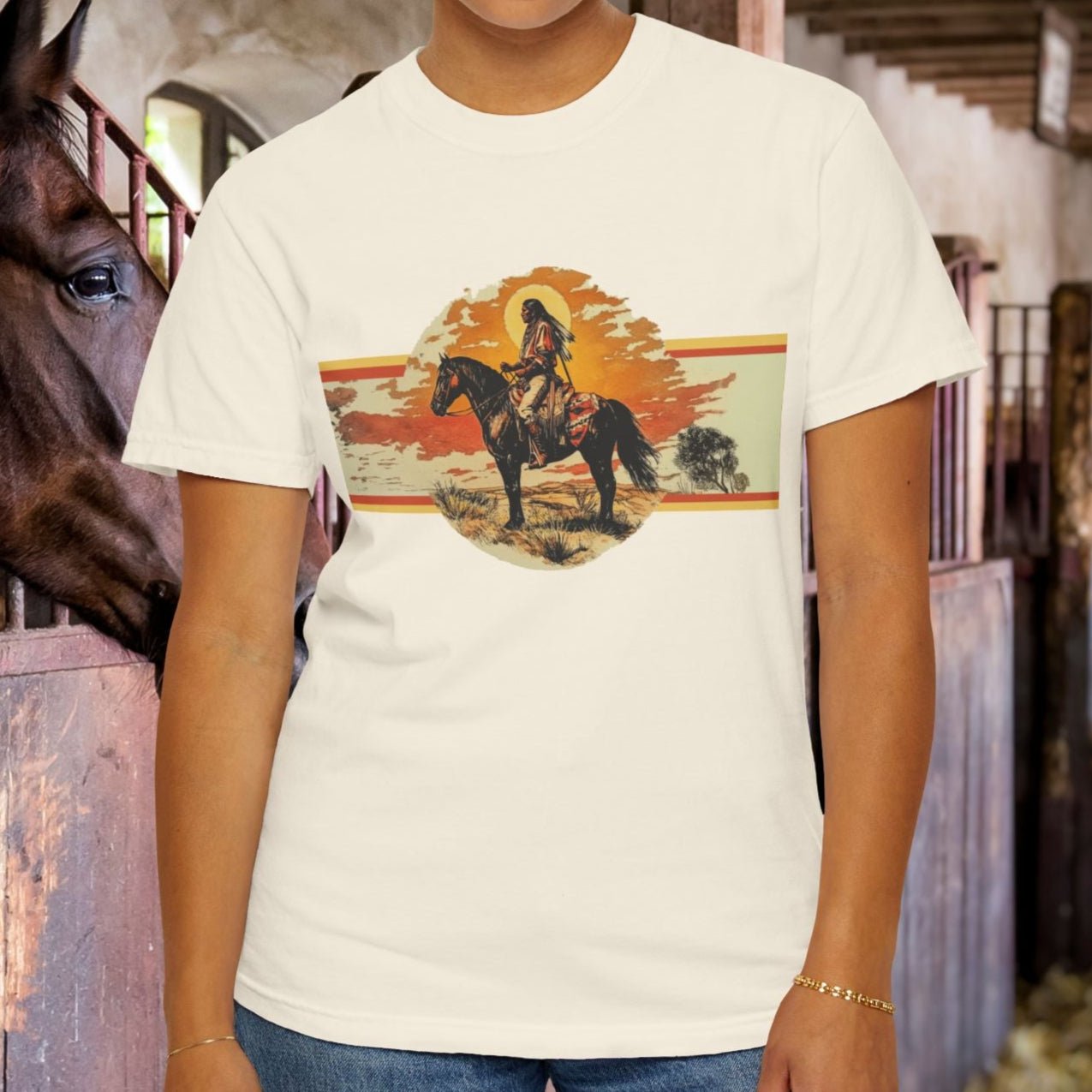 American Indian Spirit Shirt, Western American Heritage T-shirt, Natural Cotton & Dyes - FlooredByArt