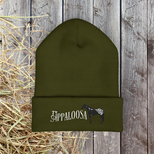 Appaloosa Embroidered Beanie – White Lettering Knit Hat for Horse Lovers - FlooredByArt