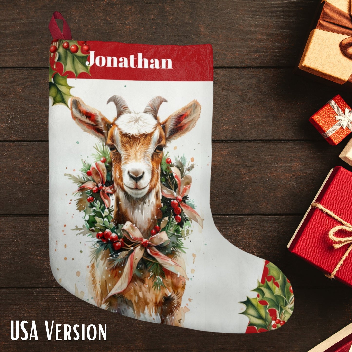 Billy Goat Art Christmas Stocking - Personalized Farm Animal, - FlooredByArt