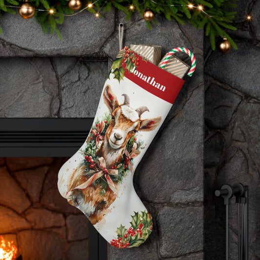 Billy Goat Art Wildlife Christmas Stocking - Personalized Non - Traditional in Woodland, Rustic Holiday Decor - Elegant Nature Stocking - FlooredByArt