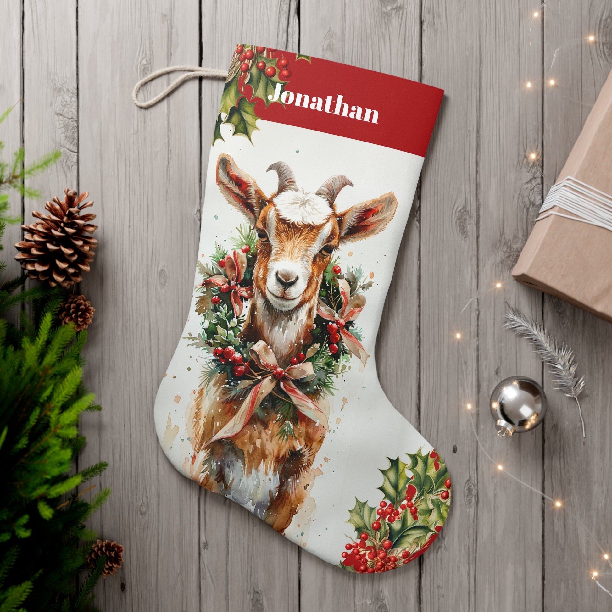Billy Goat Art Wildlife Christmas Stocking - Personalized Non - Traditional in Woodland, Rustic Holiday Decor - Elegant Nature Stocking - FlooredByArt