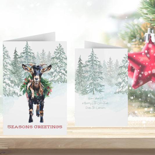 Black and Tan Christmas Goat in Snow, Blank Art Greeting Cards - Set of 10 or 1 - FlooredByArt