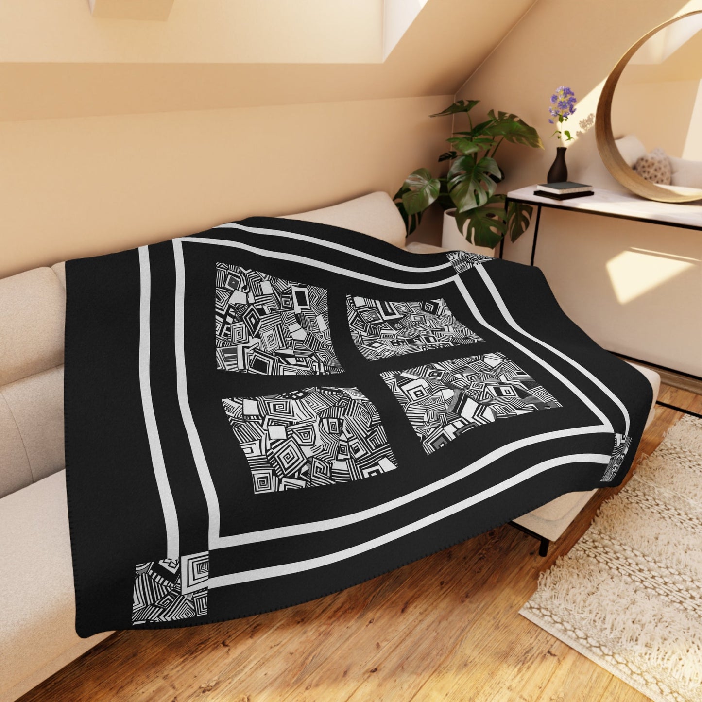 Black and White Abstract Sherpa Blanket – Modern Soft Throw for Cozy Decor - FlooredByArt