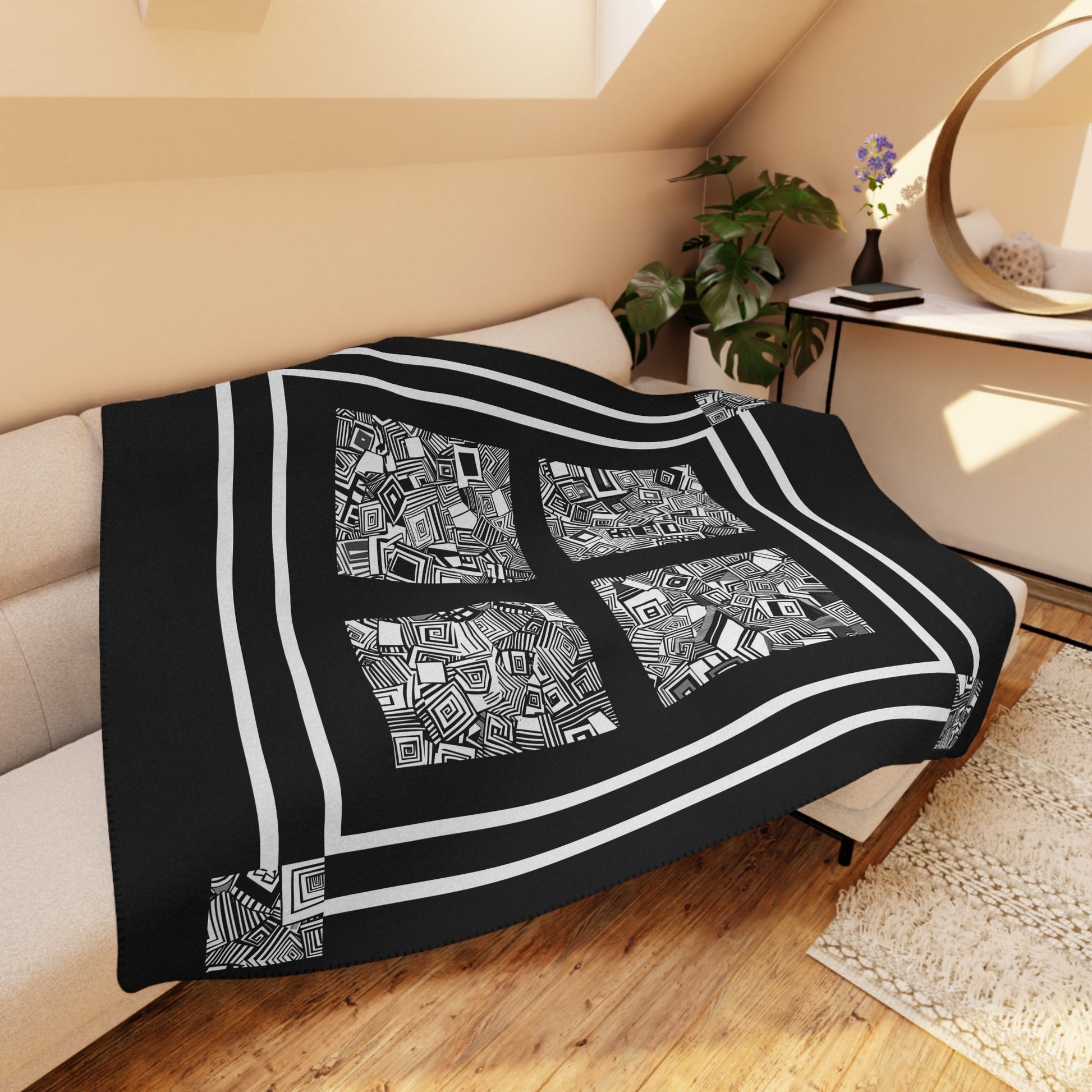 Black and White Abstract Sherpa Blanket – Modern Soft Throw for Cozy Decor - FlooredByArt