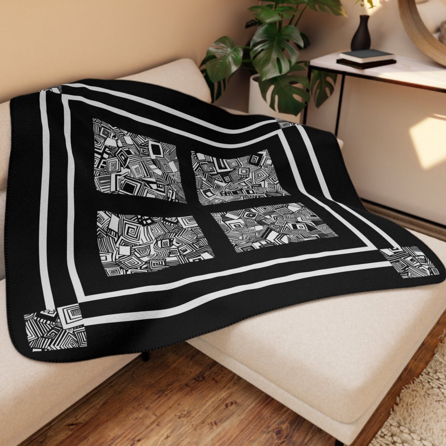 Black and White Abstract Sherpa Blanket – Modern Soft Throw for Cozy Decor - FlooredByArt