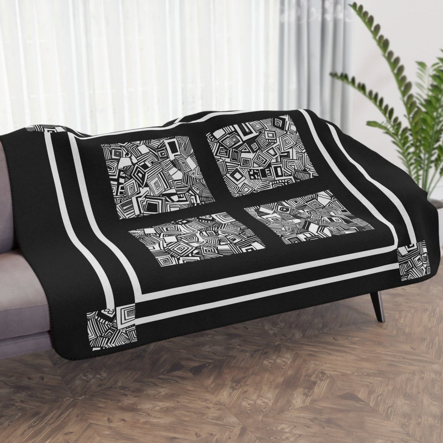 Black and White Abstract Sherpa Blanket – Modern Soft Throw for Cozy Decor - FlooredByArt
