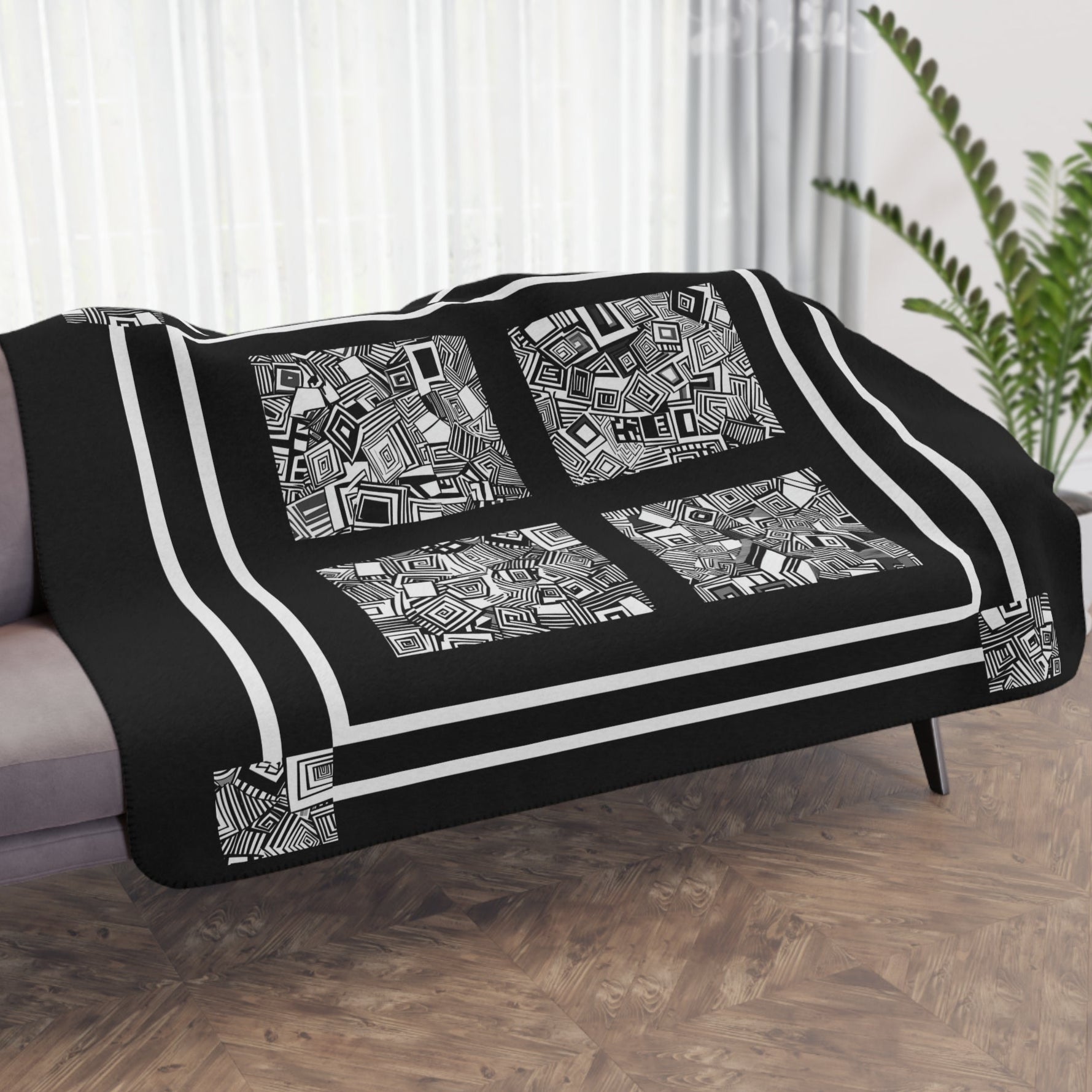 Black and White Abstract Sherpa Blanket – Modern Soft Throw for Cozy Decor - FlooredByArt