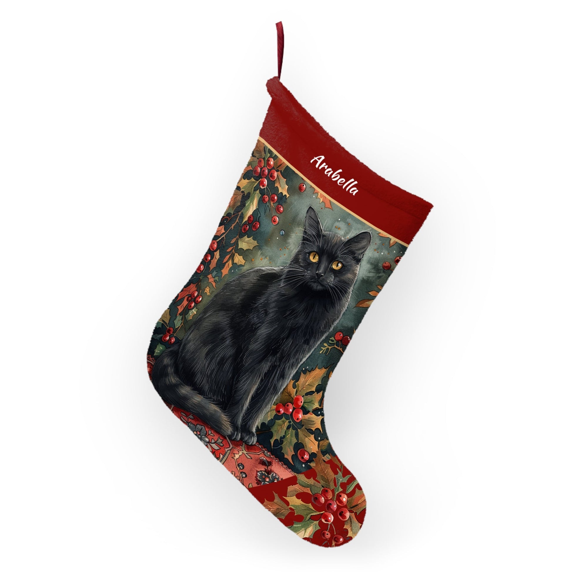 Black Cat Christmas Stocking - Personalized A Black Cat with Holly & Berries - FlooredByArt