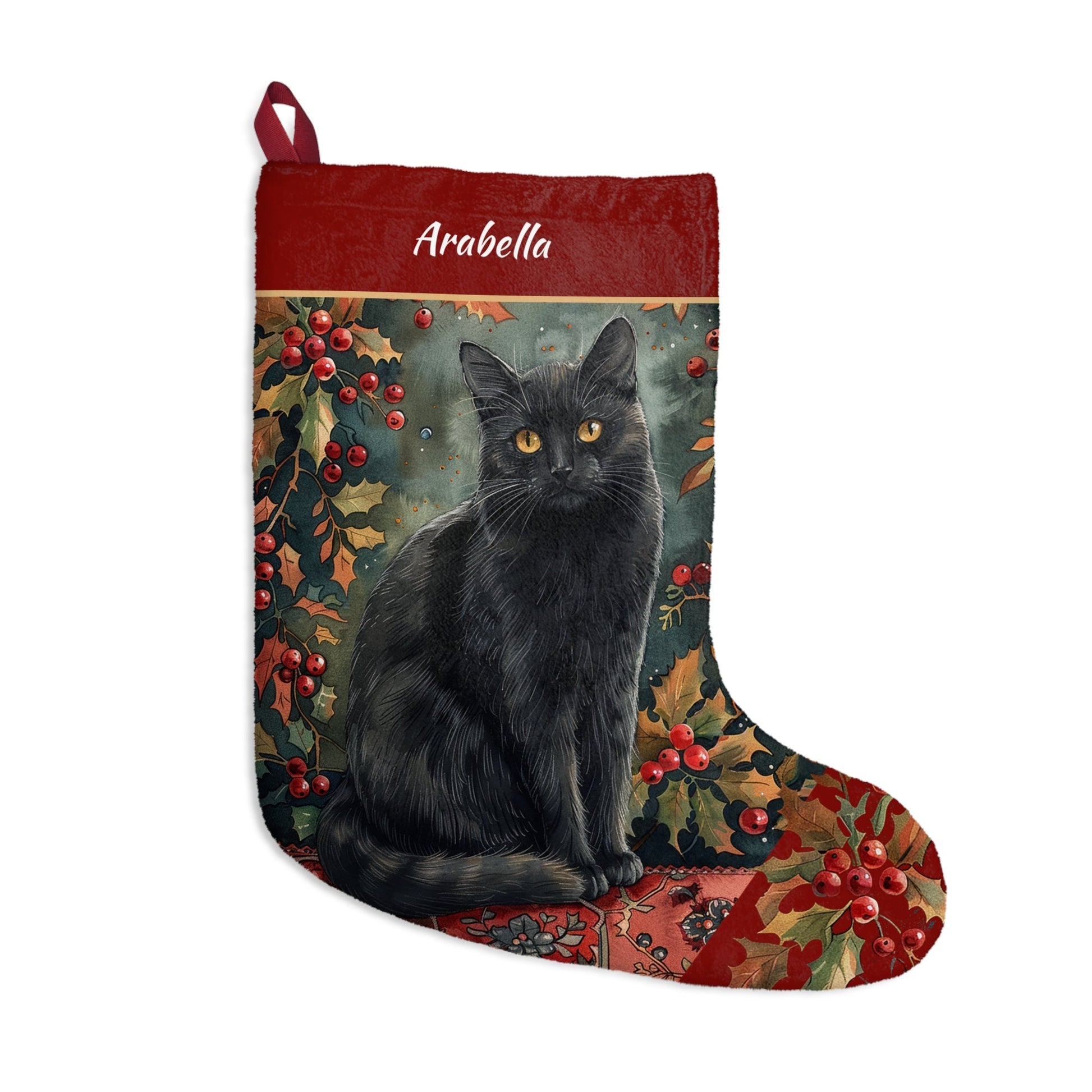 Black Cat Christmas Stocking - Personalized A Black Cat with Holly & Berries - FlooredByArt