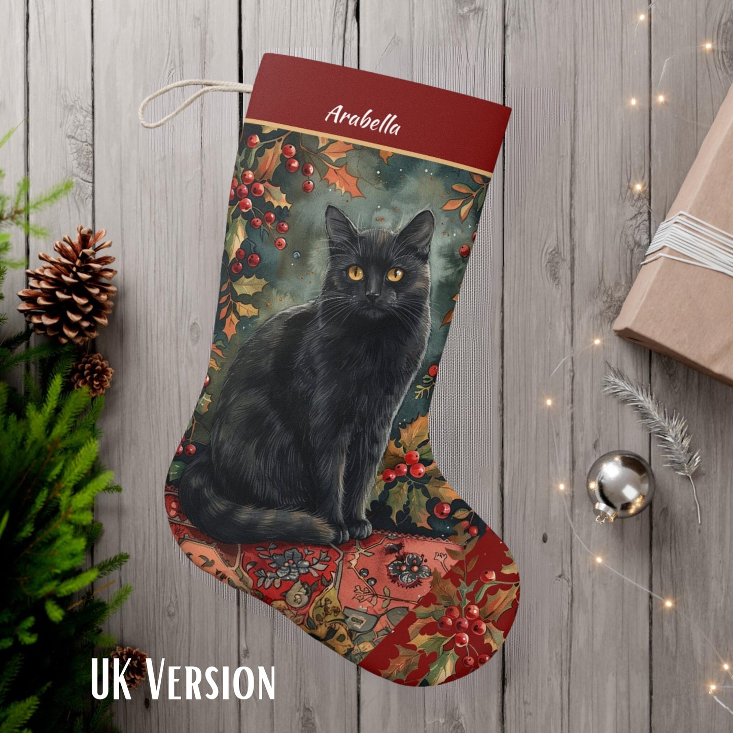 Black Cat Christmas Stocking - Personalized A Black Cat with Holly & Berries - FlooredByArt