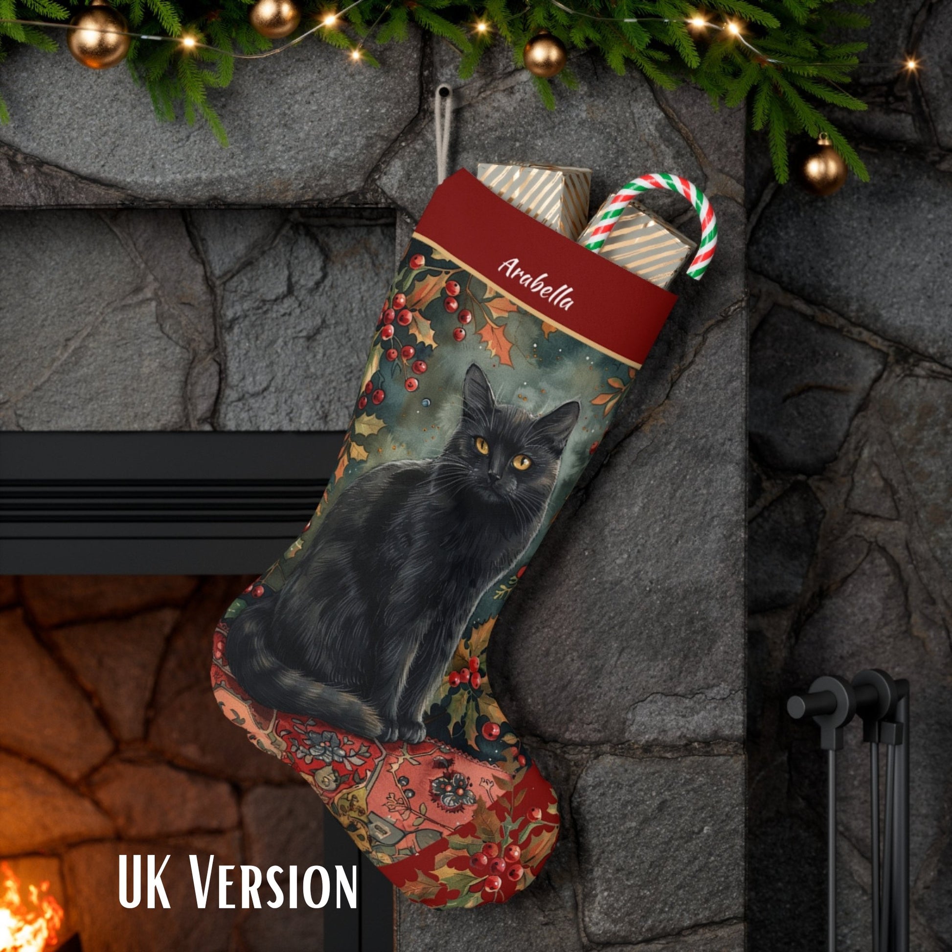 Black Cat Christmas Stocking - Personalized A Black Cat with Holly & Berries - FlooredByArt