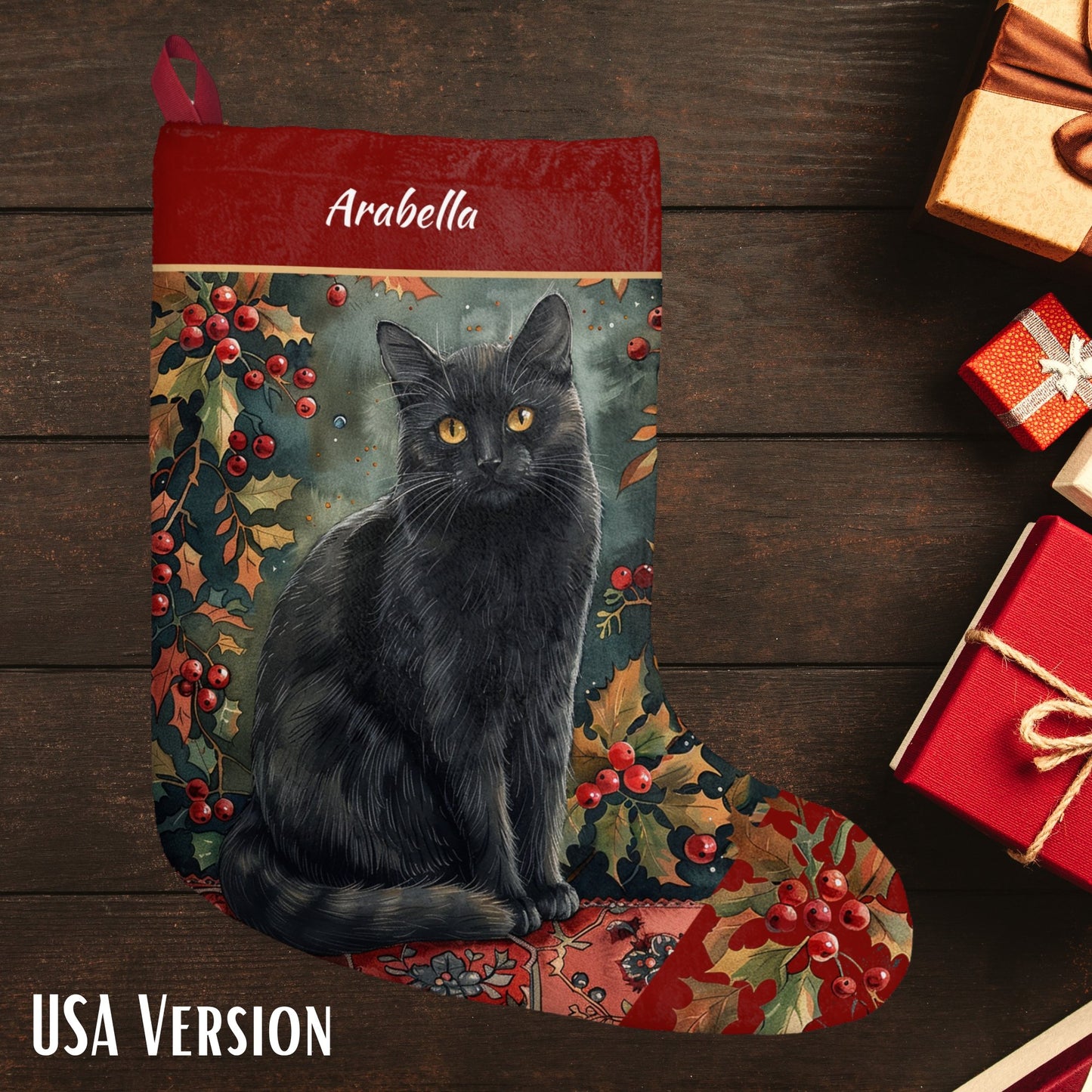 Black Cat Christmas Stocking - Personalized A Black Cat with Holly & Berries - FlooredByArt