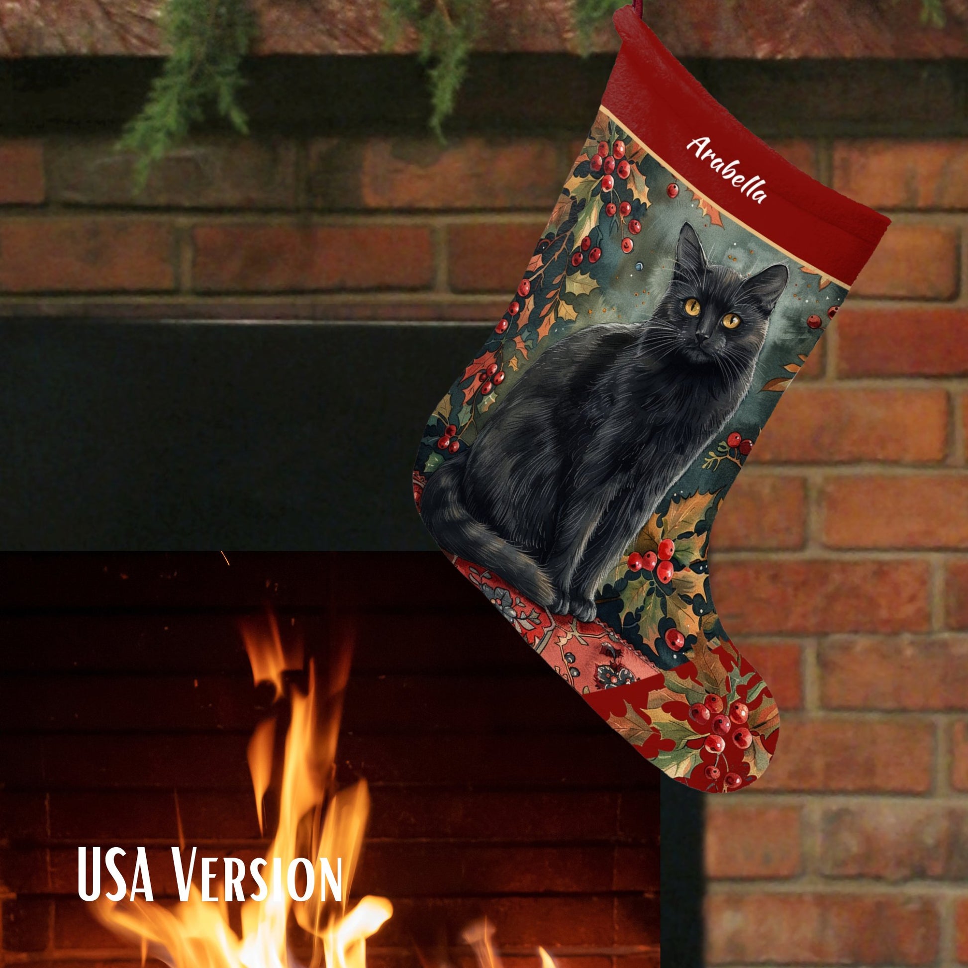 Black Cat Christmas Stocking - Personalized A Black Cat with Holly & Berries - FlooredByArt