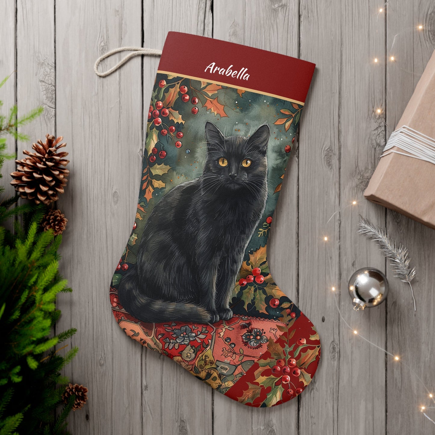 Black Cat Christmas Stocking - Personalized A Black Cat with Holly & Berries, Custom Cat Holiday Decor - Elegant Holiday Stocking - Cat Mom - FlooredByArt