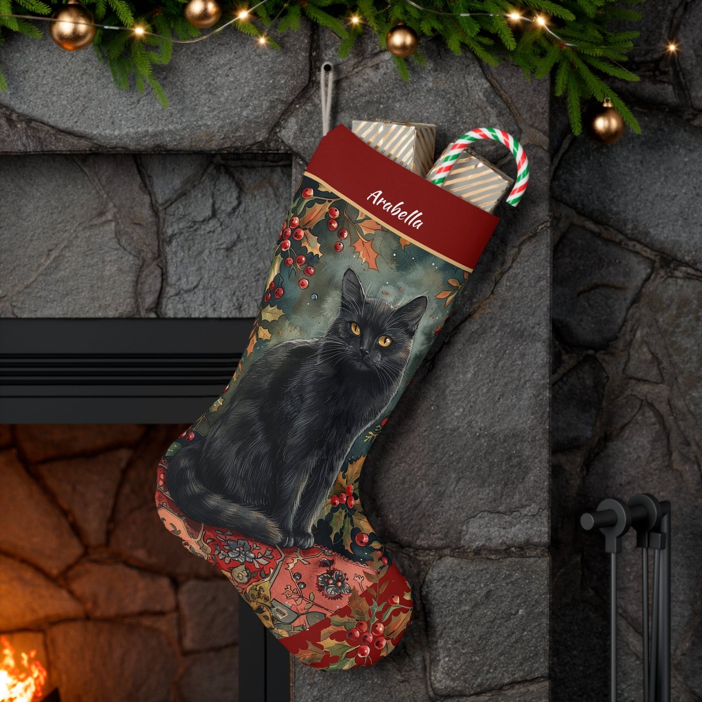 Black Cat Christmas Stocking - Personalized A Black Cat with Holly & Berries, Custom Cat Holiday Decor - Elegant Holiday Stocking - Cat Mom - FlooredByArt