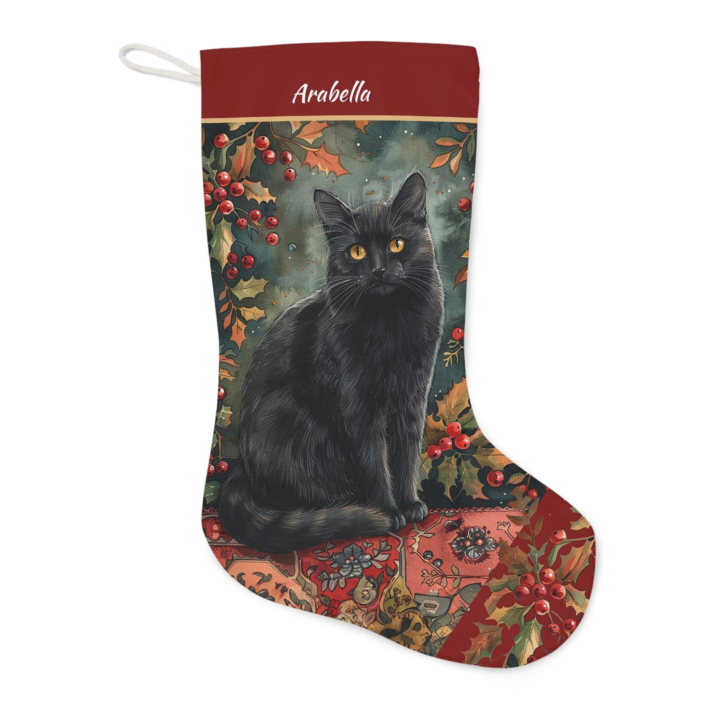 Black Cat Christmas Stocking - Personalized A Black Cat with Holly & Berries, Custom Cat Holiday Decor - Elegant Holiday Stocking - Cat Mom - FlooredByArt