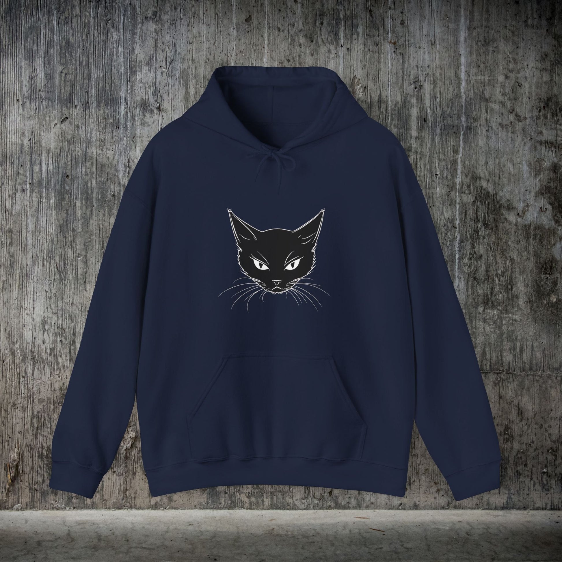 Black Cat Face Hoodie Sweatshirt, Simple Black Cat Drawing Warm Hooded Sweater - FlooredByArt