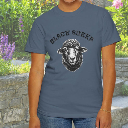 Black Sheep University T - Shirt, Comfort Color Tee with Whimsical Black Sheep Art - FlooredByArt