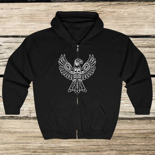 Black & White Thunderbird Jacket, Full Zip Hoodie, Thunderbird Totem Spirit - FlooredByArt