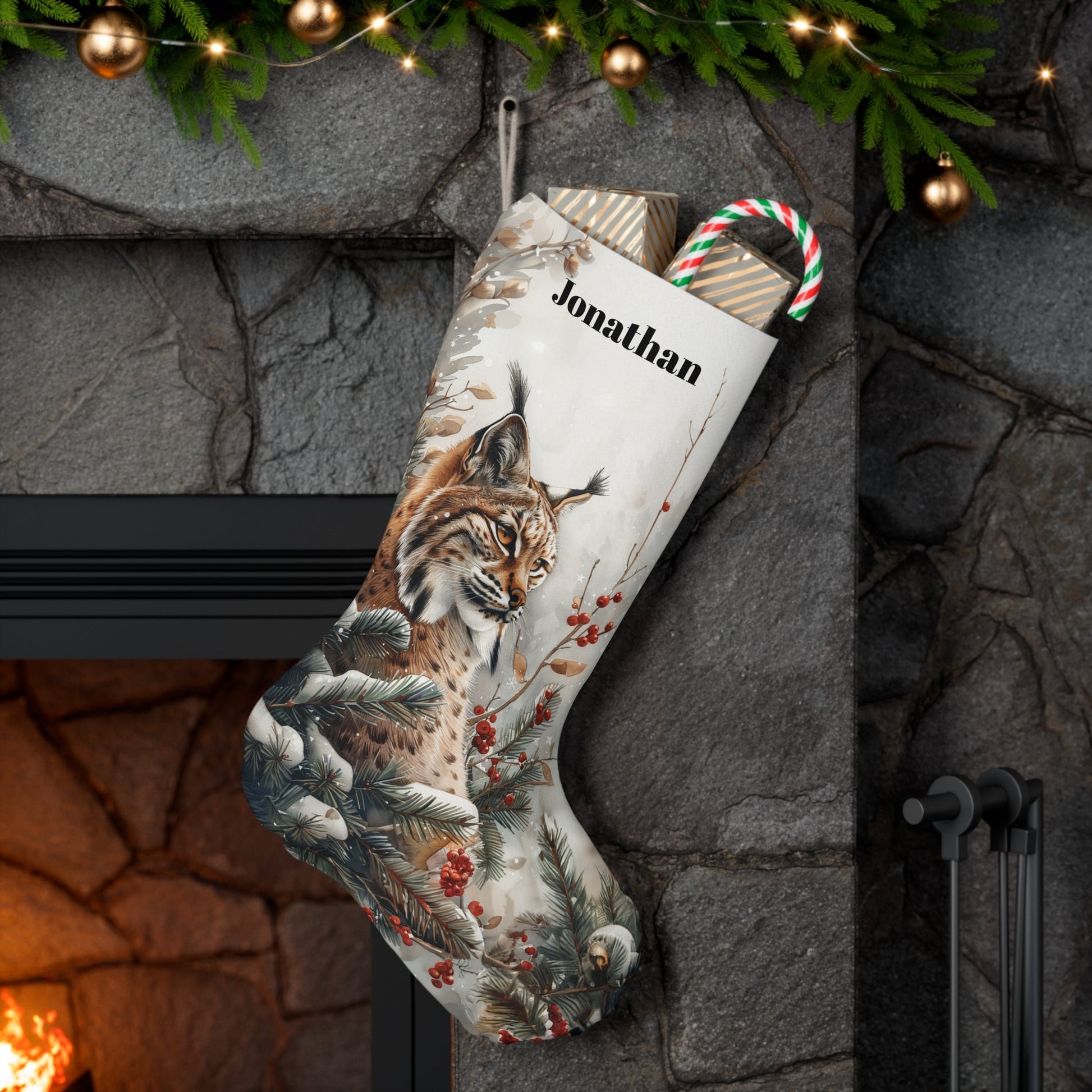 Bobcat Wildlife Christmas Stocking - Personalized A Bobcat Woodland with Berries - FlooredByArt