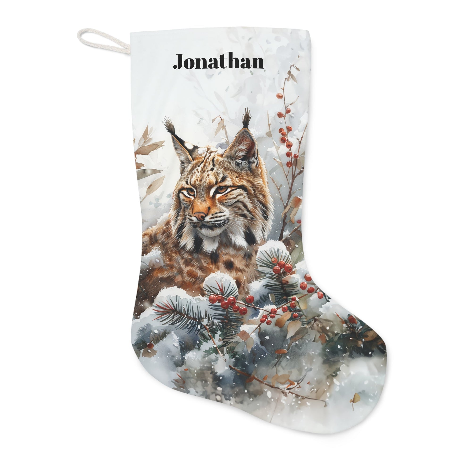 Bobcat Wildlife Christmas Stocking - Personalized Non - Traditional Bobcat in Woodland - FlooredByArt