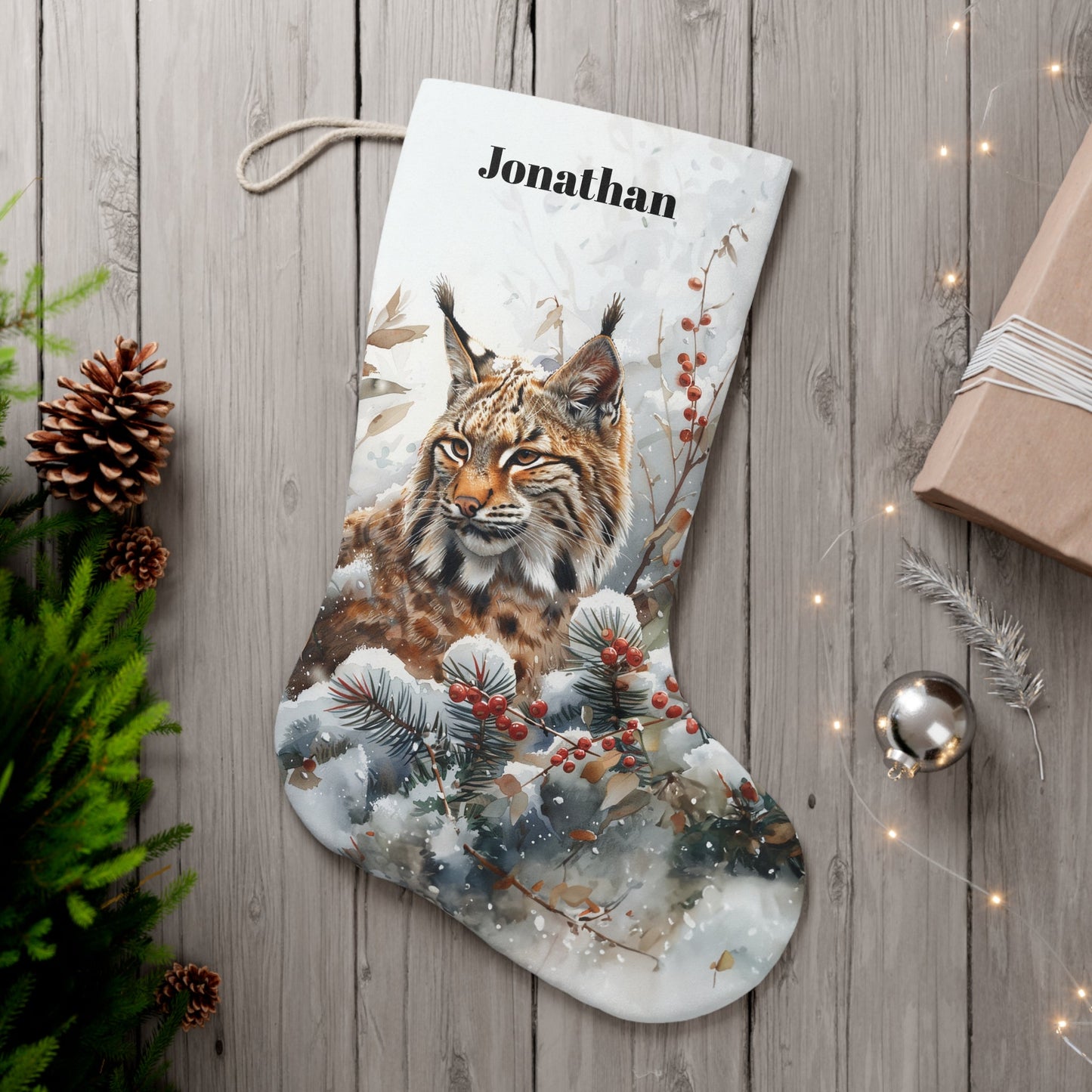 Bobcat Wildlife Christmas Stocking - Personalized Non - Traditional Bobcat in Woodland - FlooredByArt