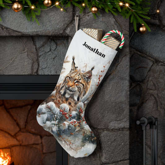 Bobcat Wildlife Christmas Stocking - Personalized Non - Traditional Bobcat in Woodland - FlooredByArt