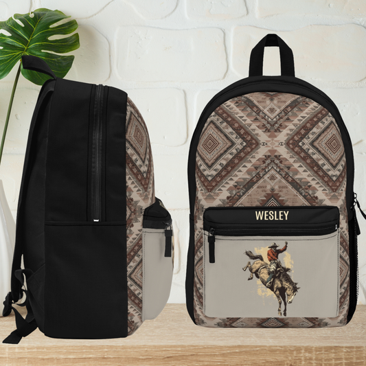 Vintage Rodeo Bucking Bronco Backpack | Southwestern Aztec Pattern