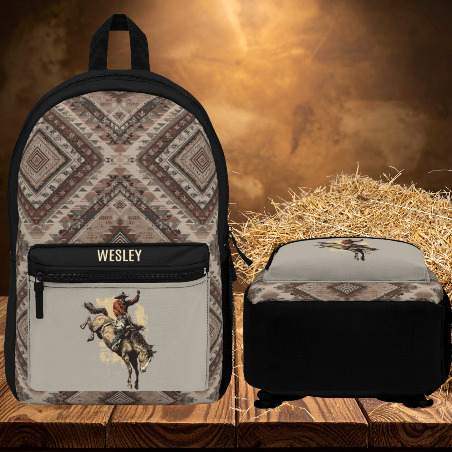 Vintage Rodeo Bucking Bronco Backpack | Southwestern Aztec Pattern