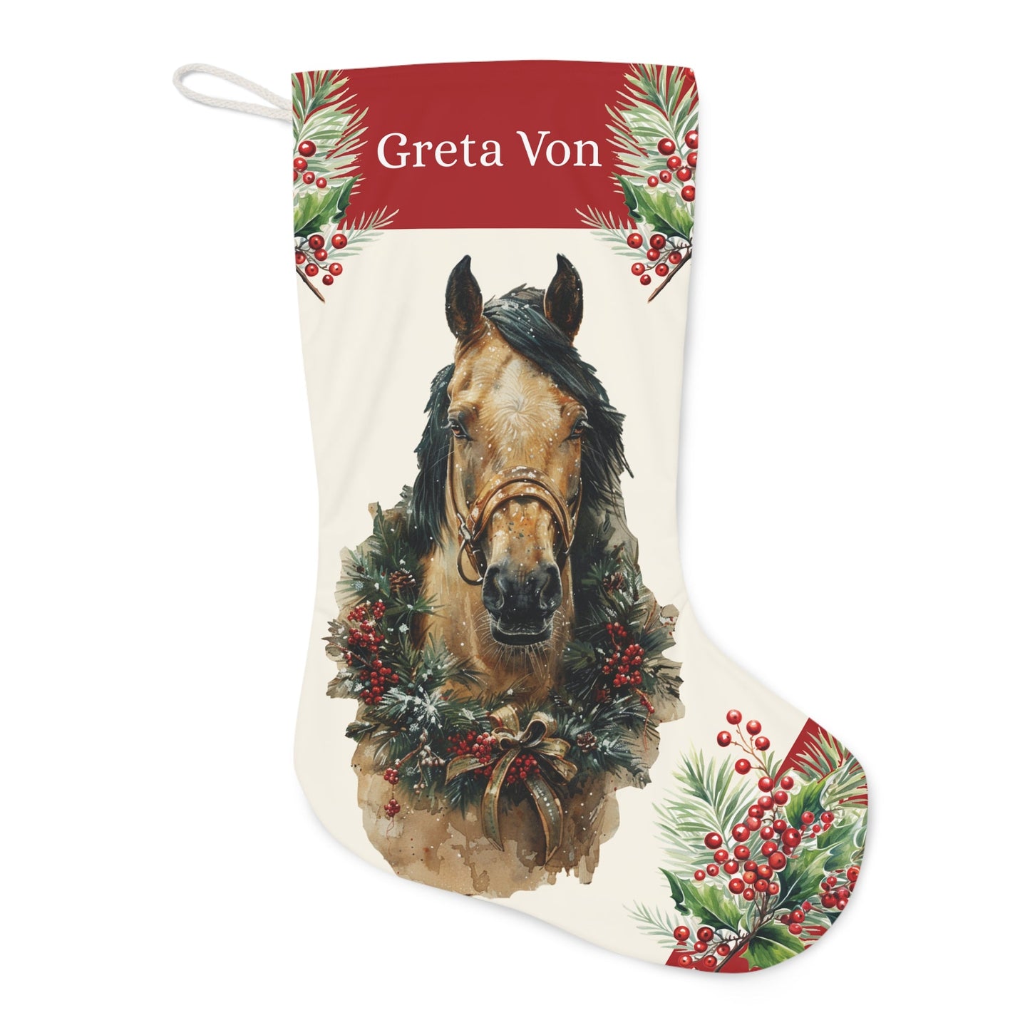 Brown Buckskin Horse Christmas Stocking, with Personalized Red Band Holiday Art Stocking - FlooredByArt