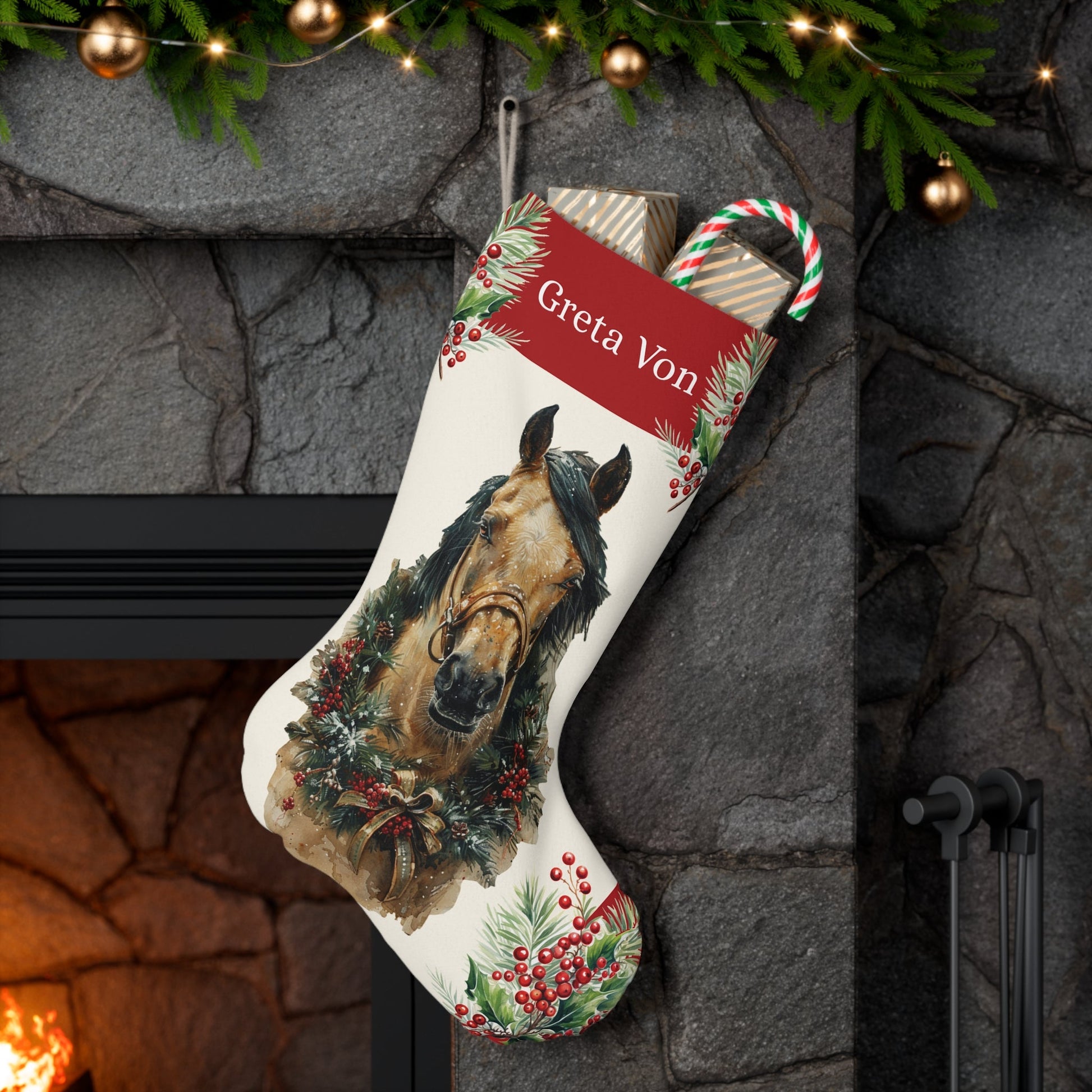 Brown Buckskin Horse Christmas Stocking, with Personalized Red Band Holiday Art Stocking - FlooredByArt