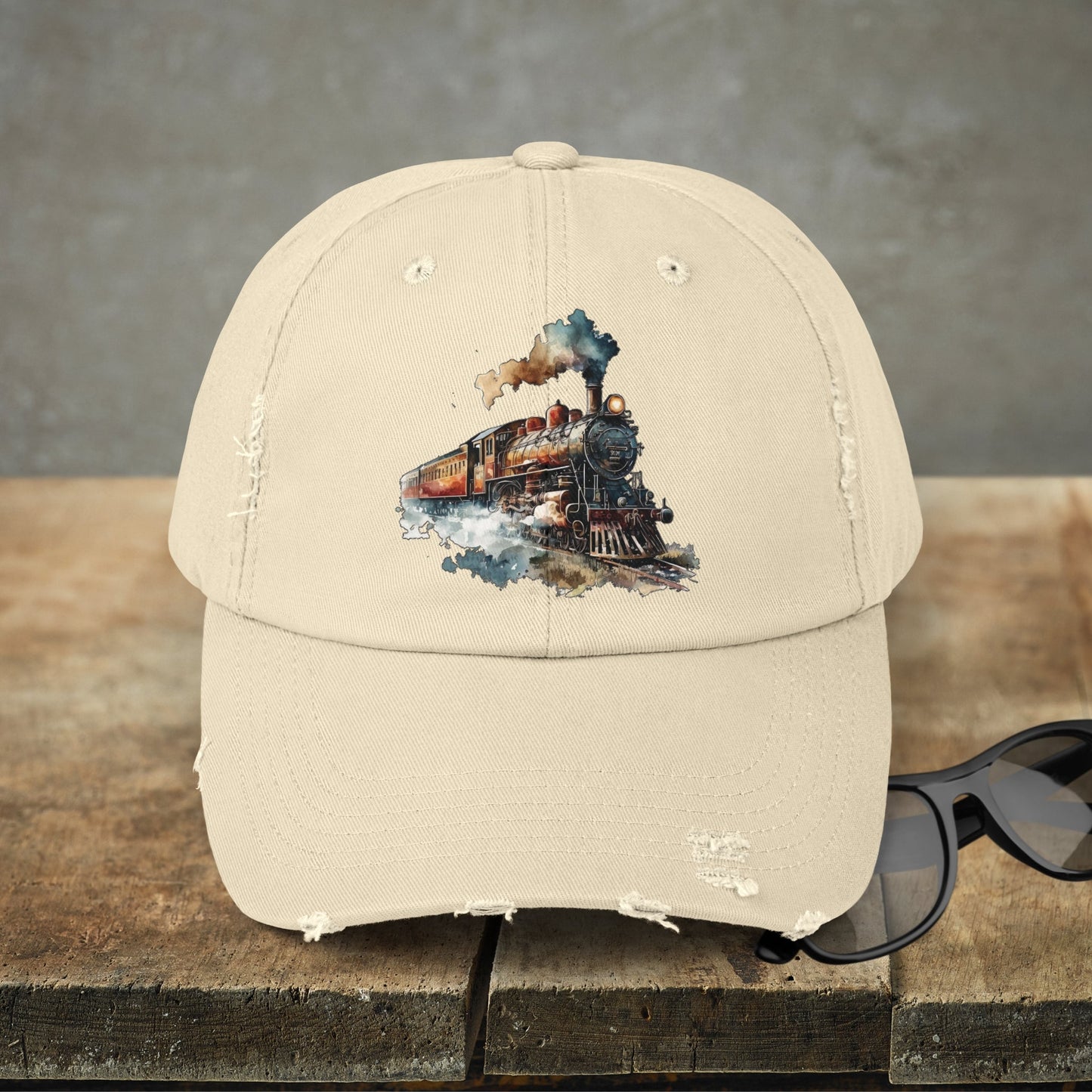 Brown Train Baseball Cap, Watercolor Vintage Train on Adjustable Cotton Twill Baseball Cap - FlooredByArt