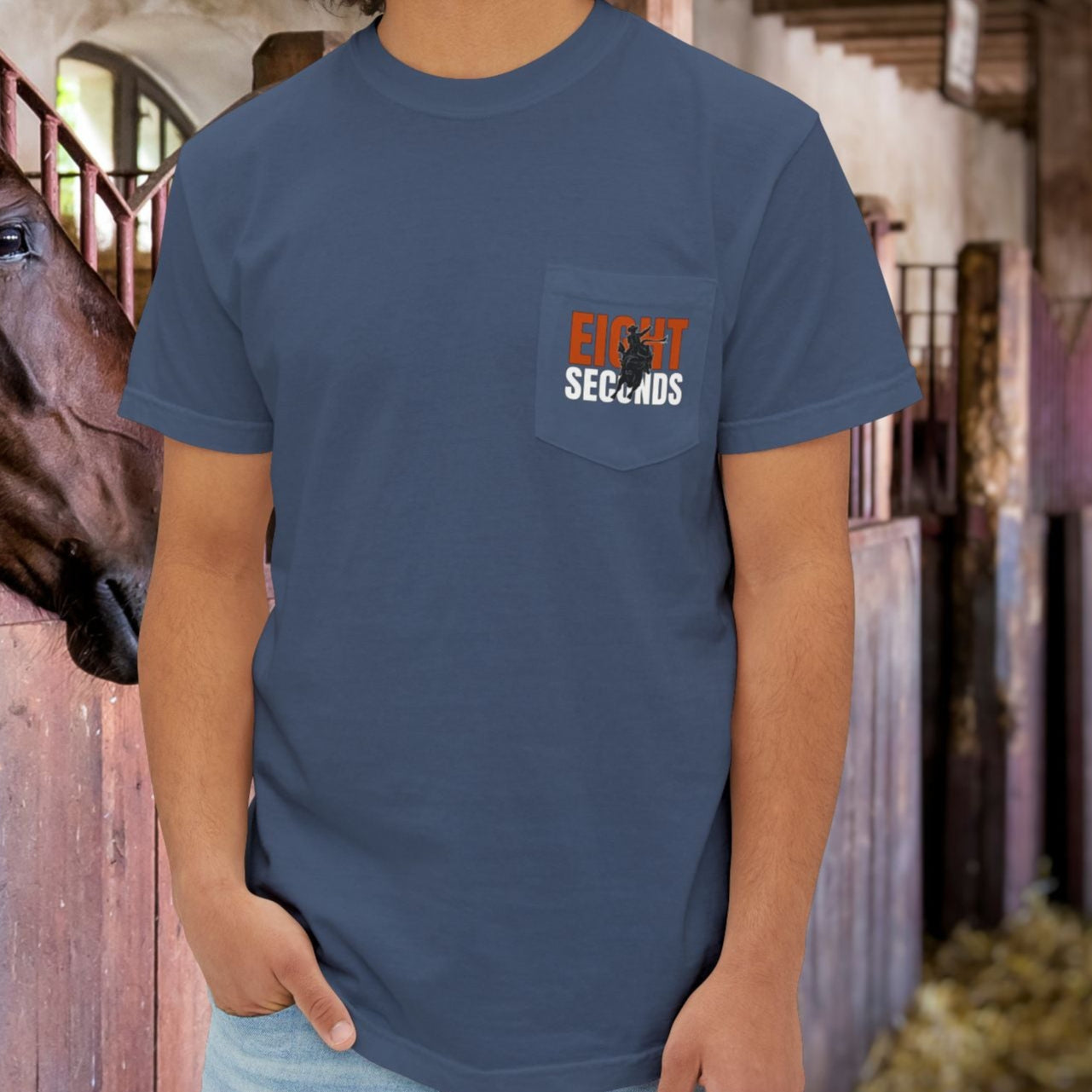 Bull Rider Pocket T-Shirt – Comfort Colors Cowboy Rodeo Art Tee for Men - FlooredByArt