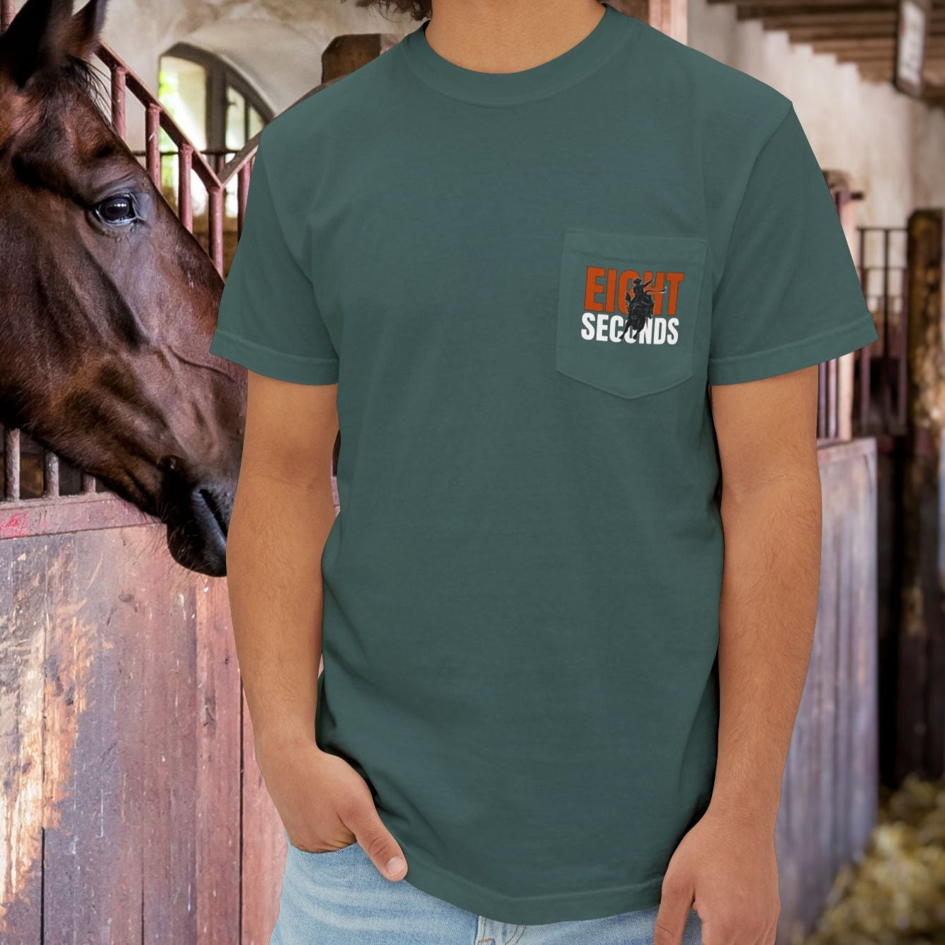 Bull Rider Pocket T-Shirt – Comfort Colors Cowboy Rodeo Art Tee for Men - FlooredByArt
