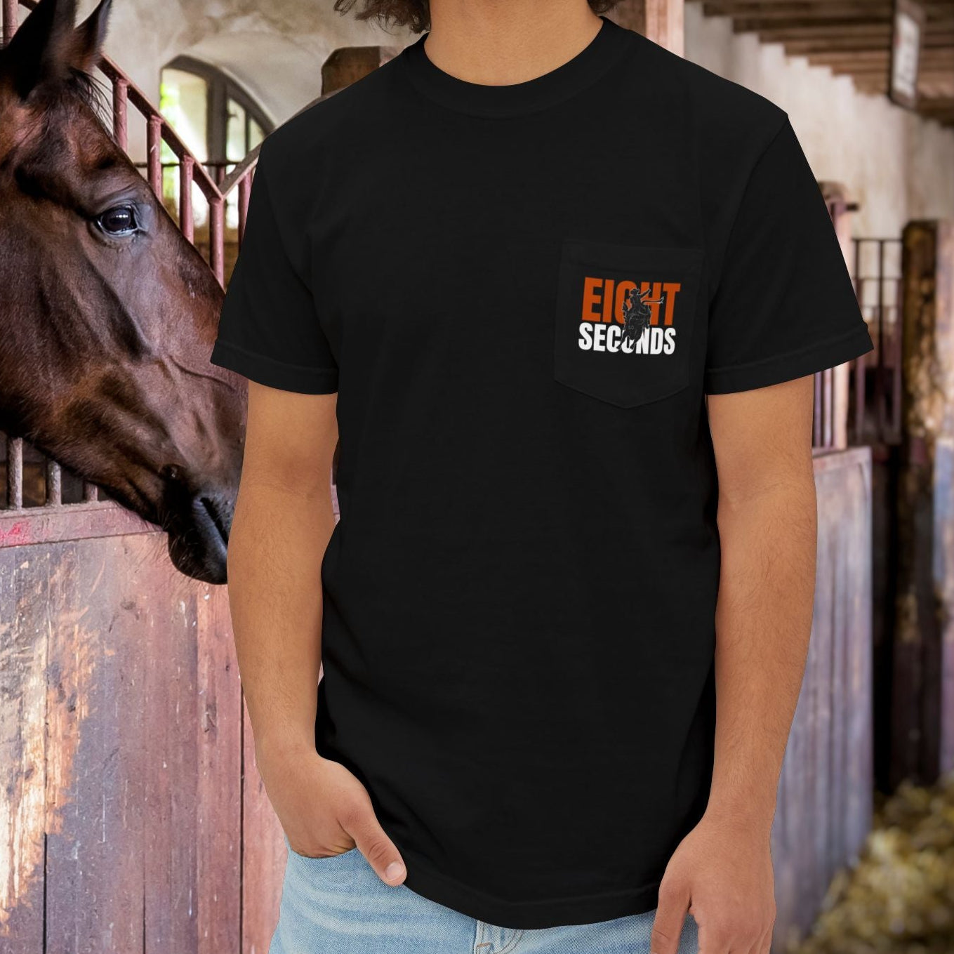 Bull Rider Pocket T-Shirt – Comfort Colors Cowboy Rodeo Art Tee for Men - FlooredByArt