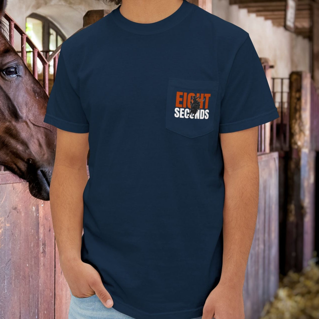 Bull Rider Pocket T-Shirt – Comfort Colors Cowboy Rodeo Art Tee for Men - FlooredByArt
